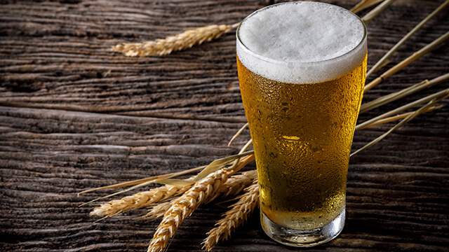 Glass of beer with barley on wooden  able