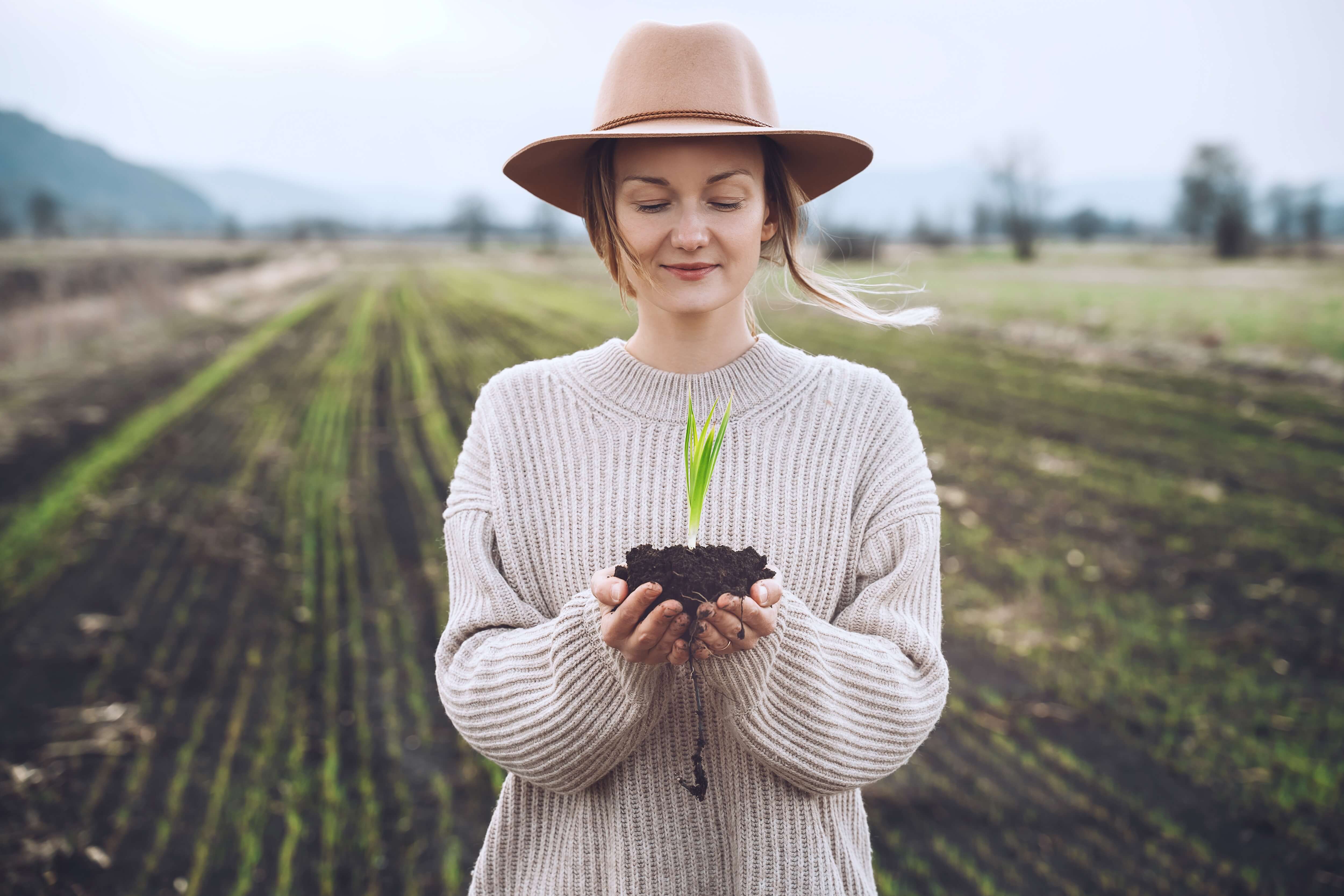 Woman holding in hands green sprout seedling on black soil