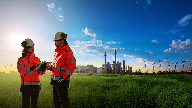 engineers discussing industrial plant blue sky green grass